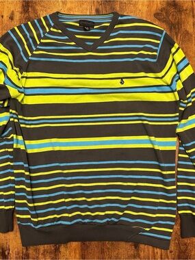 Volcom Men’s V-Neck Striped Sweater in Neon Yellow, Blue & Gray #266
